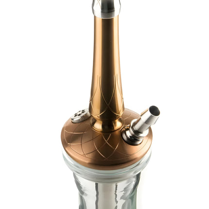 Close-up of the Hoob Go On Bronze Hookah stem with magnetic hose port
