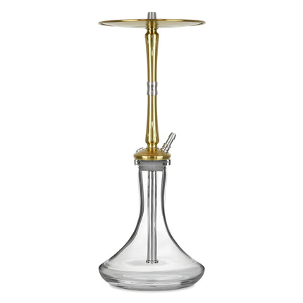 Full view of the Hoob Go On Gold Hookah with stainless steel stem and glass base