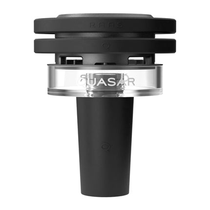 Front view of Quasar Raas 2 Hookah Heating System showing detailed glass and silicone design
