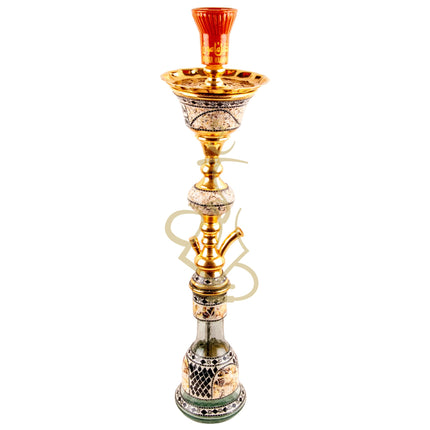 Full view of the Khalil Mamoon Gold Ball Sadaf Hookah with an orange bowl attached