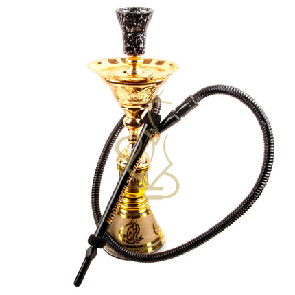 Side view of Khalil Mamoon Ice Eidco Gold 21" Hookah with Egyptian hose and black clay bowl.