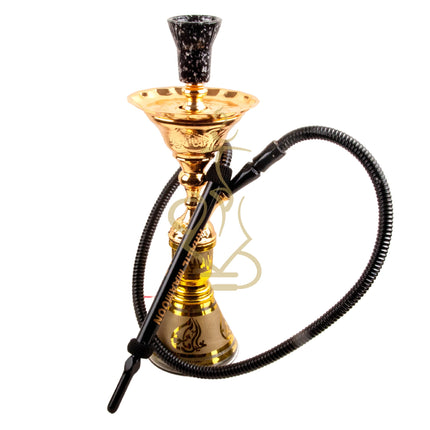 Angled view of Khalil Mamoon Ice Eidco Gold 21" Hookah highlighting the elegant gold detailing and accessories.