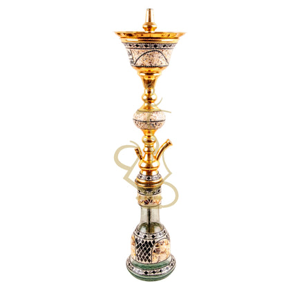 Angled view of the Khalil Mamoon Gold Ball Sadaf Hookah highlighting its golden accents