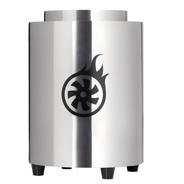 Side view of Shisha Turbine NeXt Premium Coal Burner in stainless steel with turbine logo.
