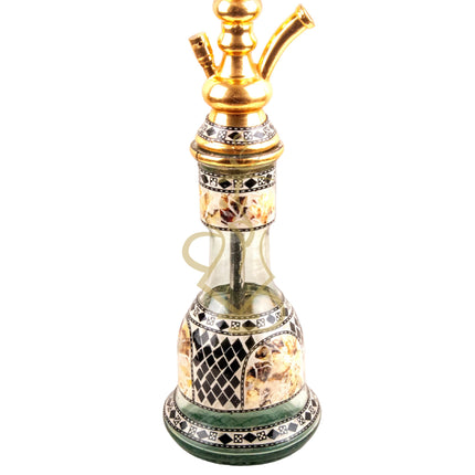 Detailed shot of the base, showcasing the intricate Sadaf design on the Khalil Mamoon Gold Ball Sadaf Hookah