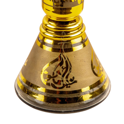 Close-up of the black clay bowl on the Khalil Mamoon Ice Eidco Gold 21" Hookah with a gold tray underneath.