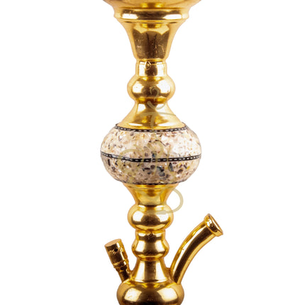 Angled view of the bowl area on the Khalil Mamoon Gold Ball Sadaf Hookah highlighting the intricate designs