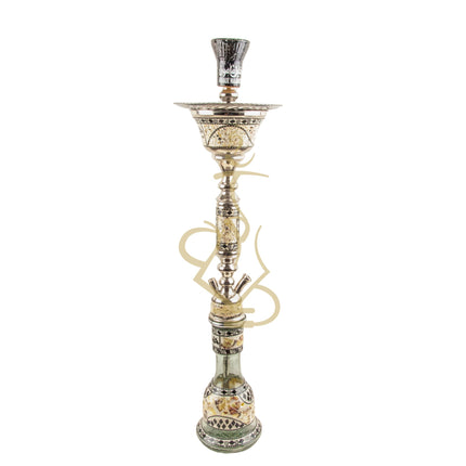 Engraved metal tray of the Khalil Mamoon OMDA SADAF Ice Hookah featuring the KM logo