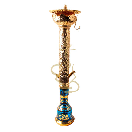 Close detail of Khalil Mamoon Ice Dana Gold Hookah vase, gold patterns on blue