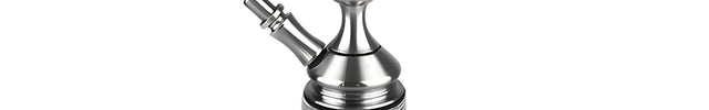 Stainless steel mini hookah with a clear glass base and a polished silver stem, featuring a wide roll-resistant tray and a grommet-less hose port.