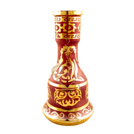 Front view of the Khalil Mamoon Red Oxide Hookah Base, featuring intricate gold detailing on a handcrafted red glass.