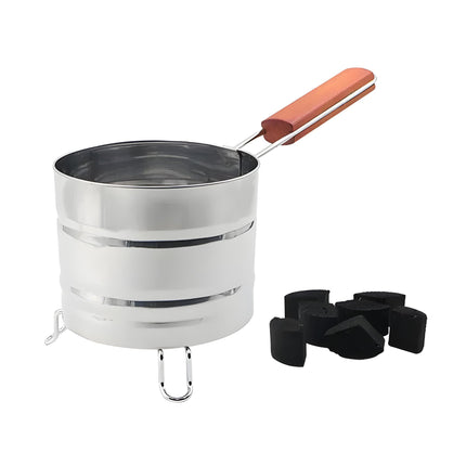 Stainless steel charcoal holder with wooden handle and shisha coals